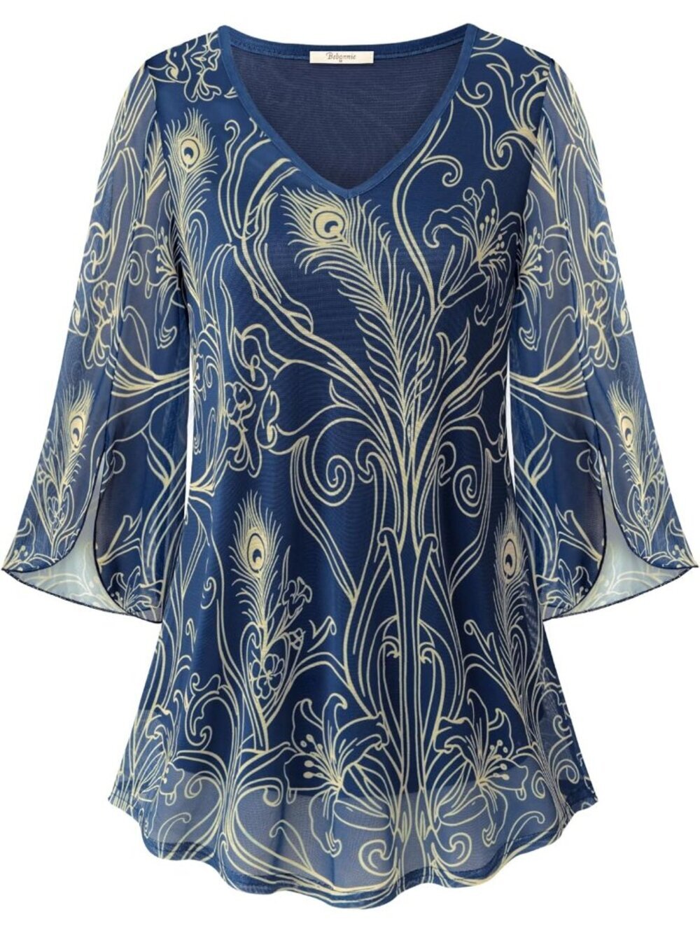 Bebonnie Women's Top Navy Ruffle 3/4 Sleeves V Neck Double Layers Mesh Blouses